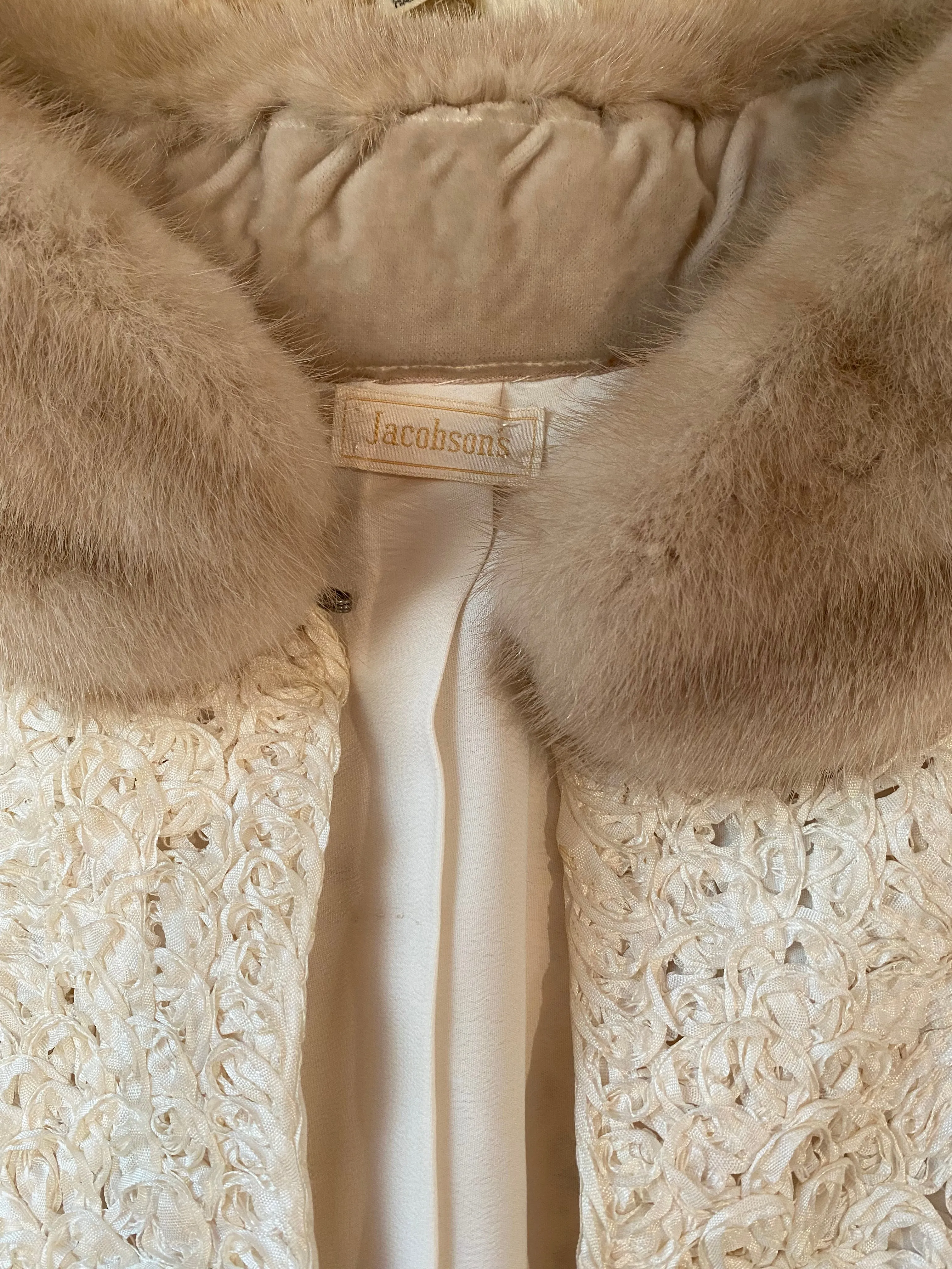 Chic 1960's Ivory Ribbon Soutache Jacket With Mink Collar / Medium