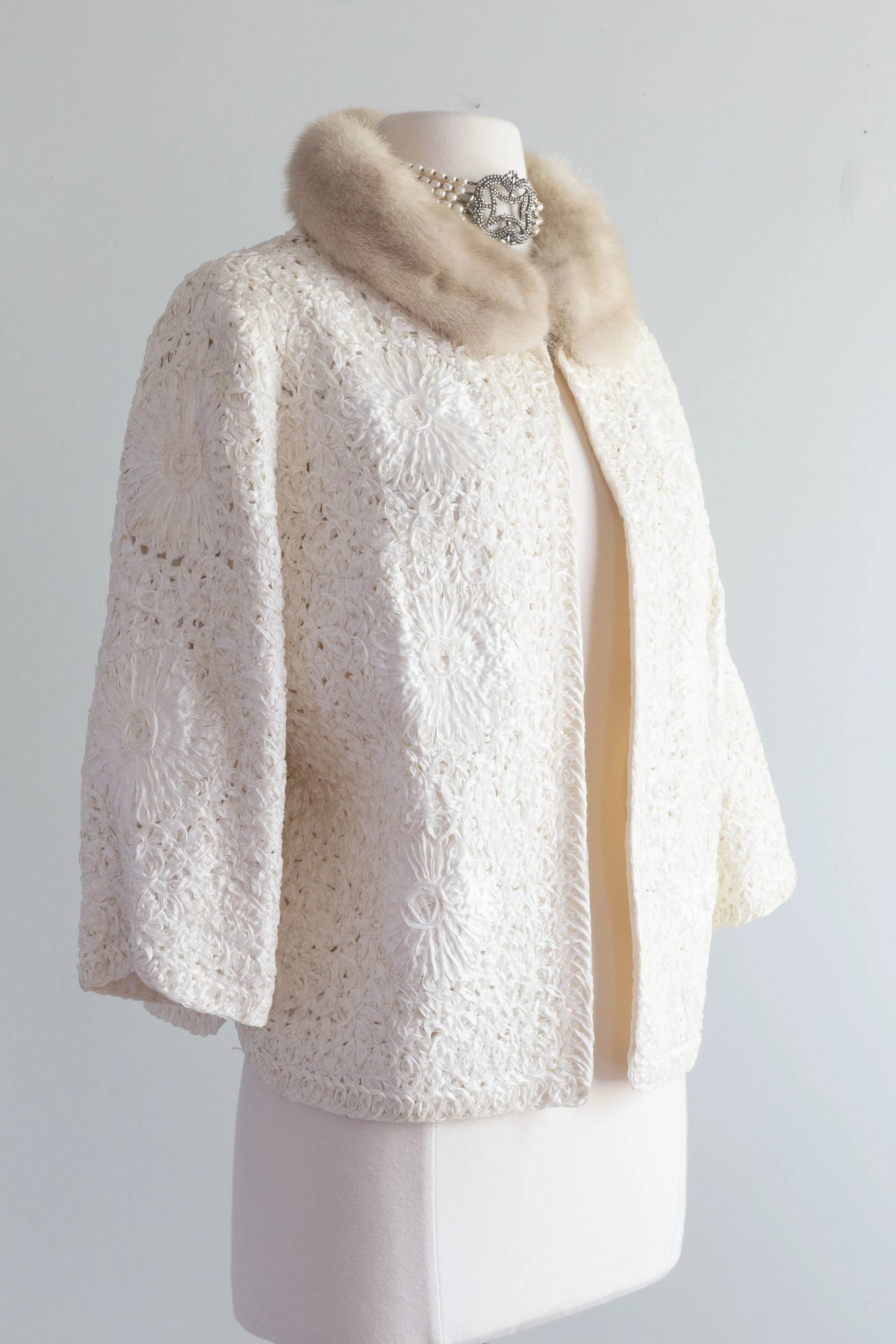 Chic 1960's Ivory Ribbon Soutache Jacket With Mink Collar / Medium