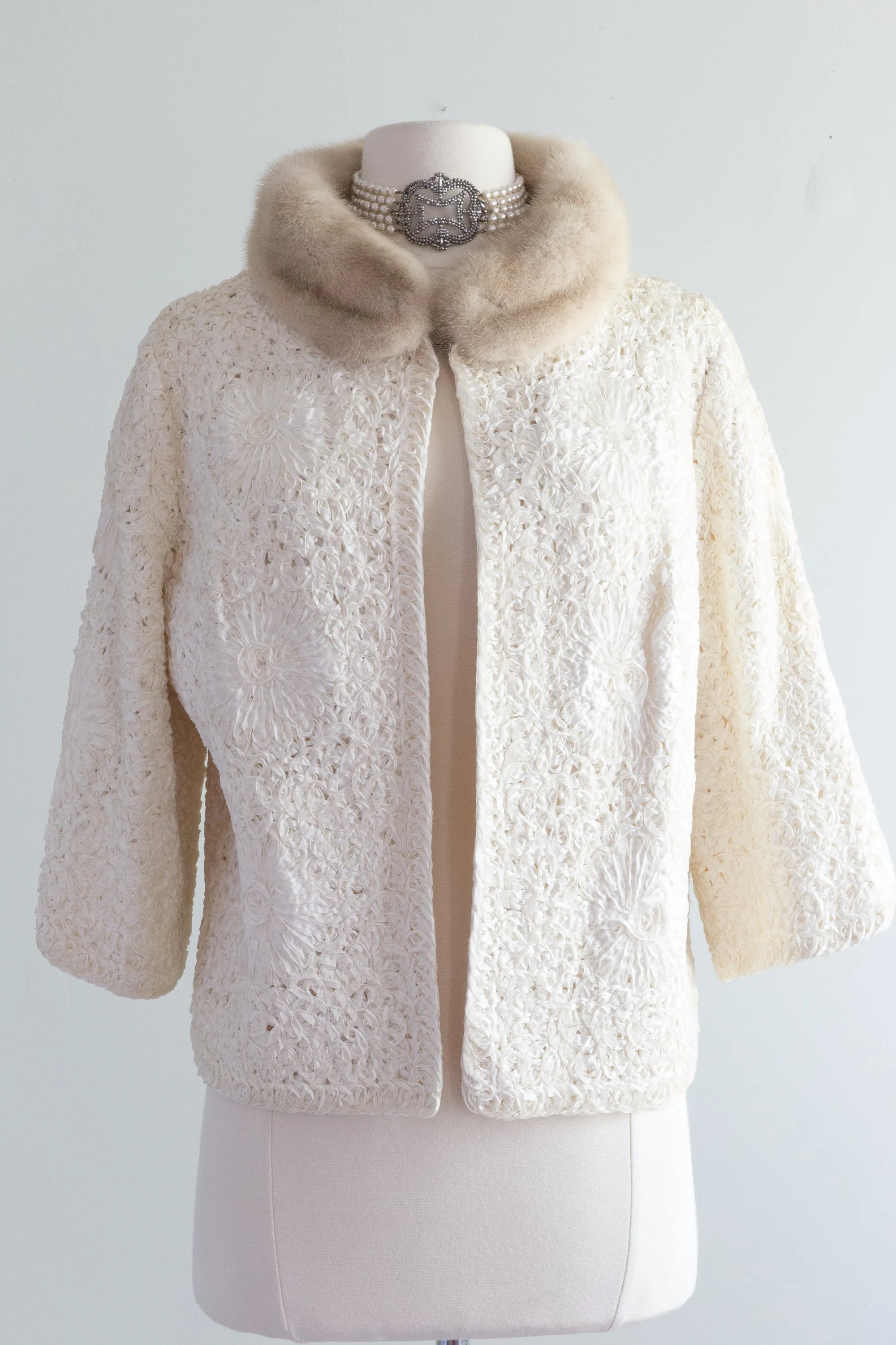 Chic 1960's Ivory Ribbon Soutache Jacket With Mink Collar / Medium