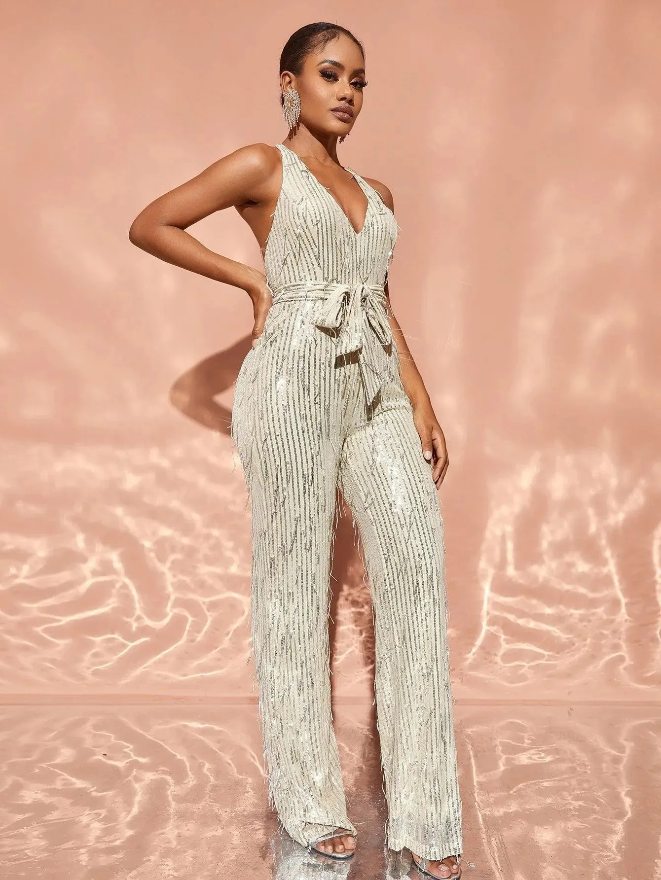 Chic Halter Neck Backless Sequin Belted Jumpsuit