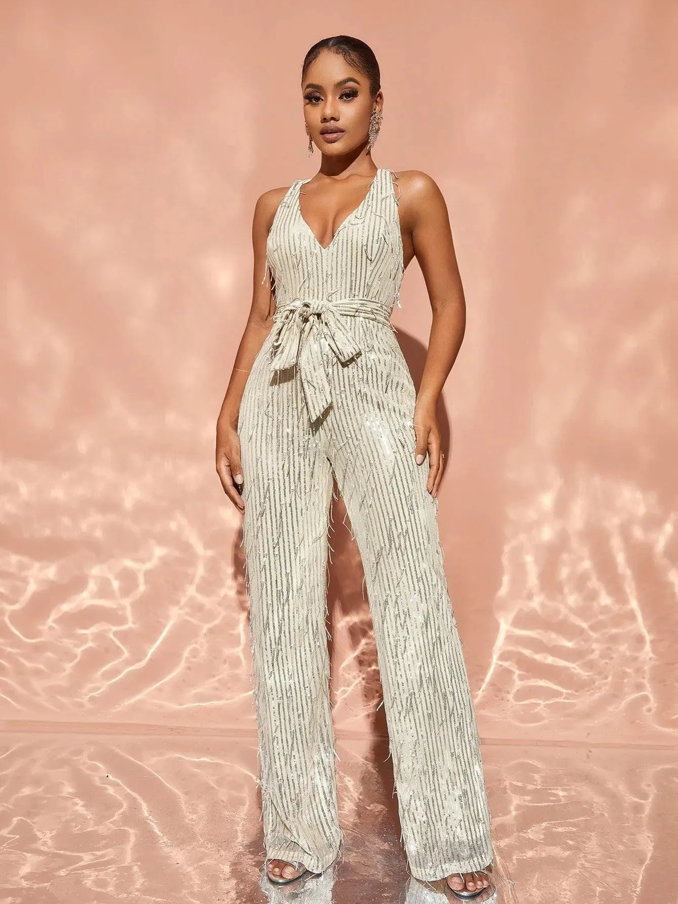 Chic Halter Neck Backless Sequin Belted Jumpsuit