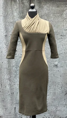 Color Block Wrap Neck Knit Dress/ Olive