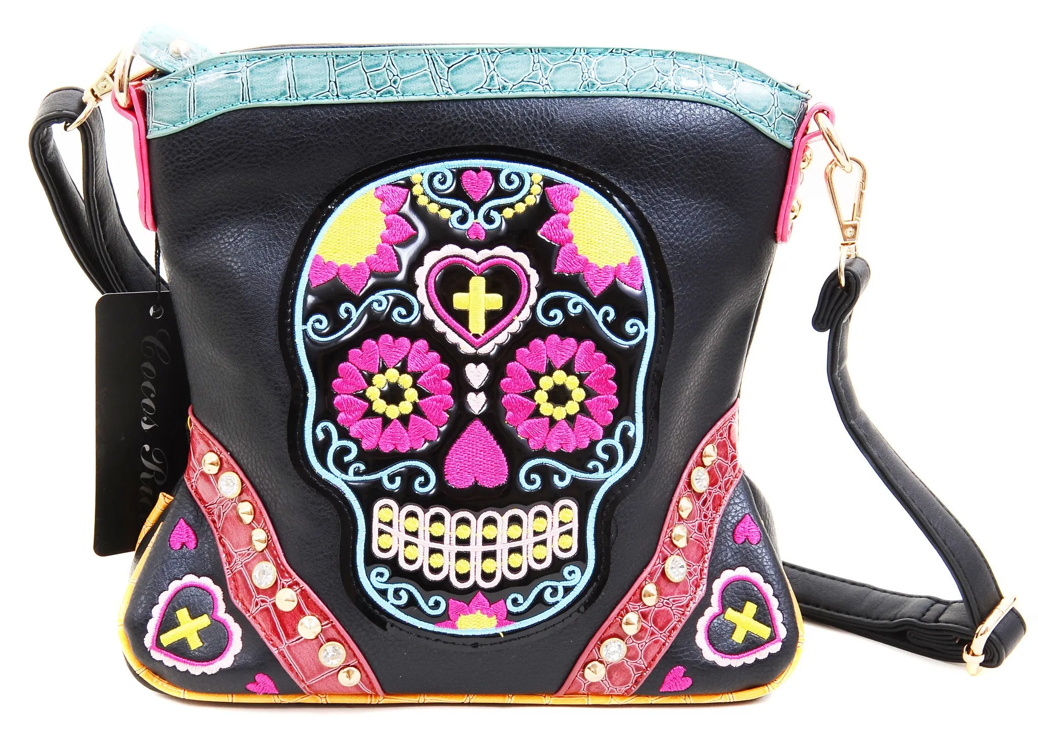 Colorful Sugar Skull Vegan Leather Mini Crossbody Purse