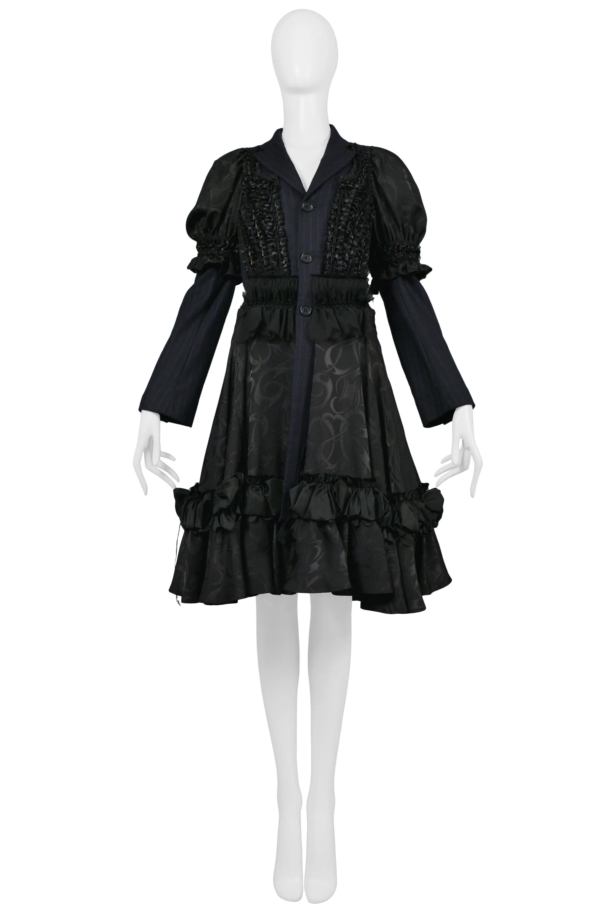 COMME DES GARCONS NAVY PINSTRIPE & BLACK RIBBON FANCY COAT DRESS 2006