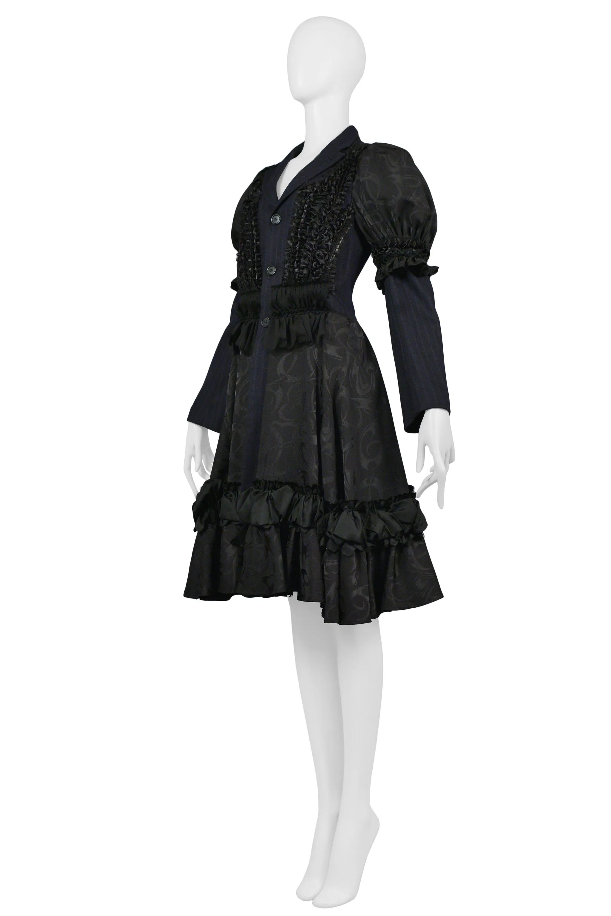 COMME DES GARCONS NAVY PINSTRIPE & BLACK RIBBON FANCY COAT DRESS 2006