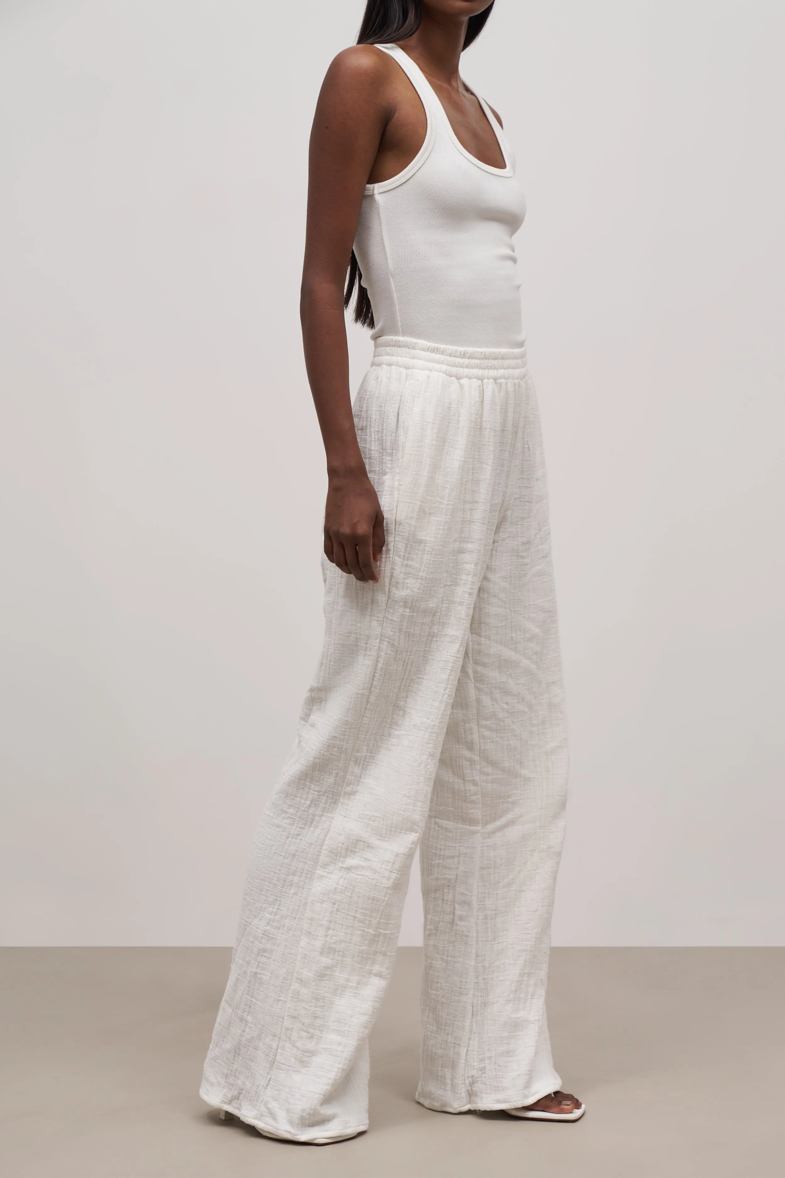 Cotton Crinkle Wide Leg Trousers - Ivory