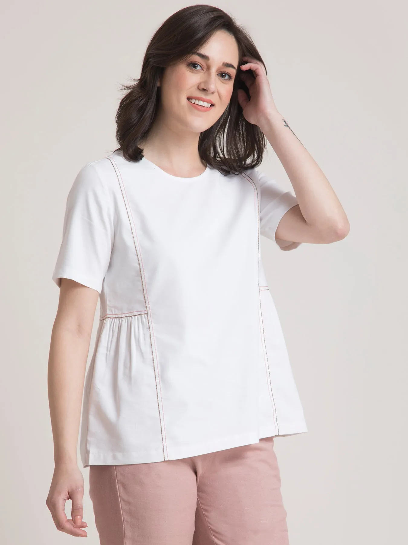 Cotton Round Neck Gather Top - White and Pink