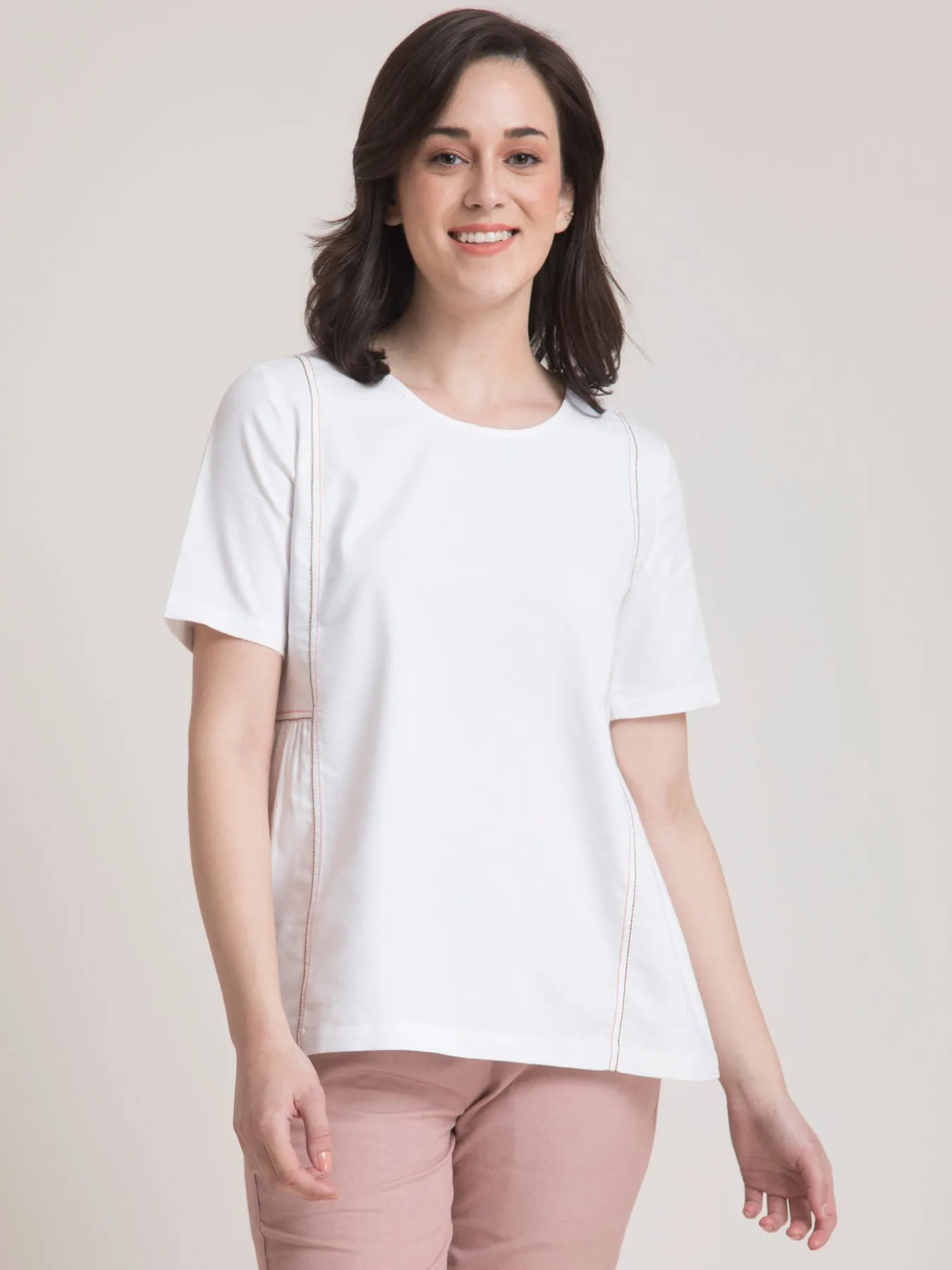 Cotton Round Neck Gather Top - White and Pink