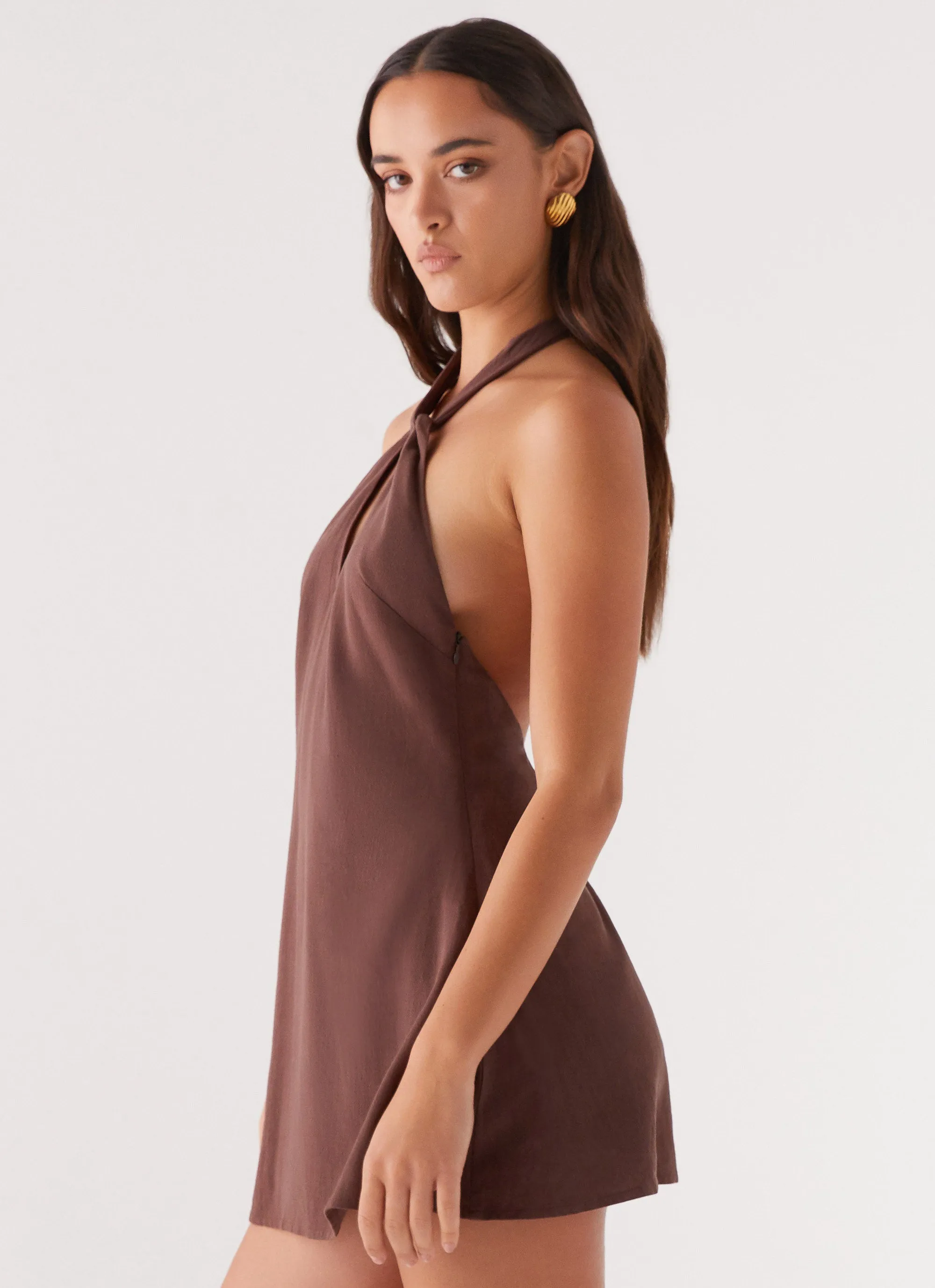 Counting Stars Linen Halterneck Dress - Chocolate