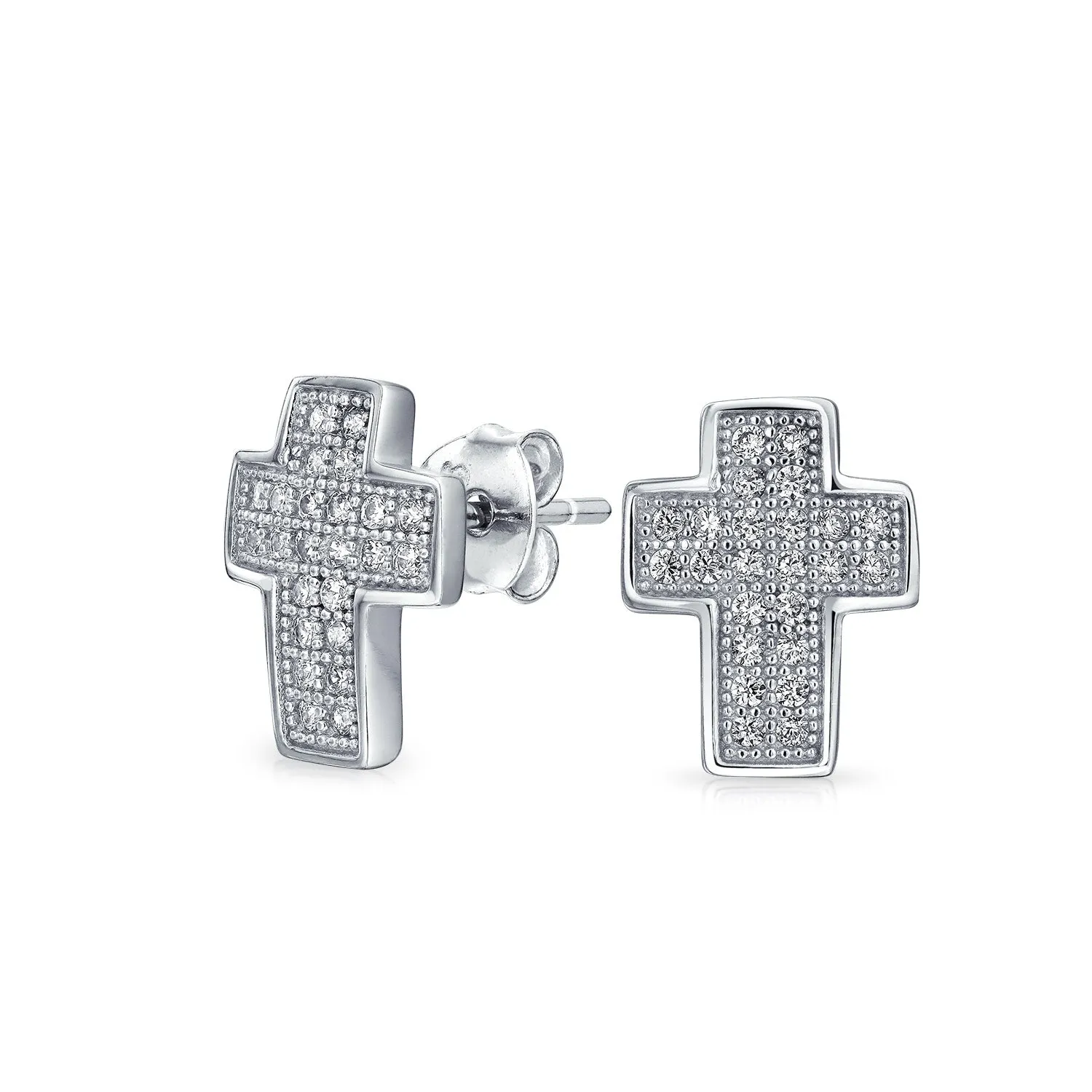 Cross Religious Communion CZ Micro Pave Stud Earrings Sterling Silver