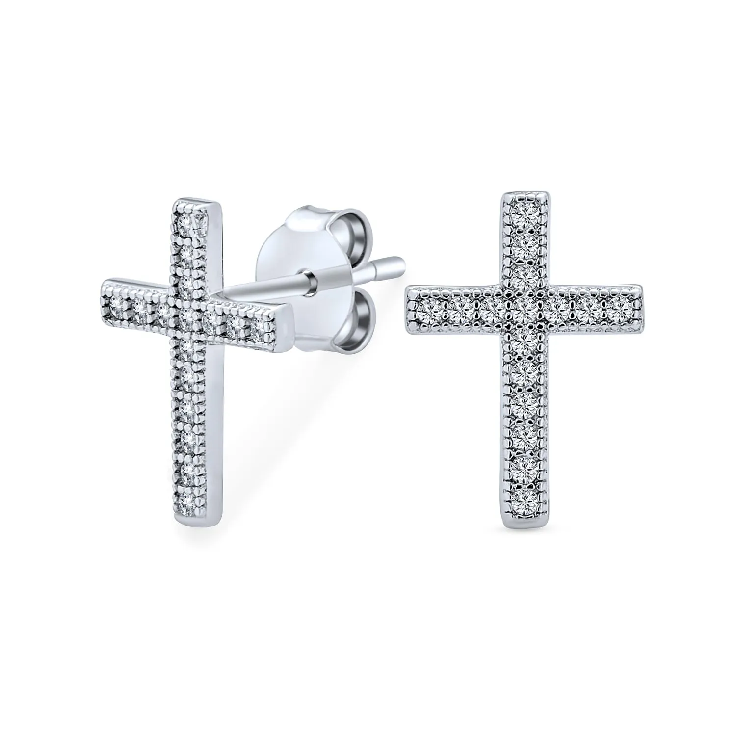 Cross Religious Communion CZ Micro Pave Stud Earrings Sterling Silver