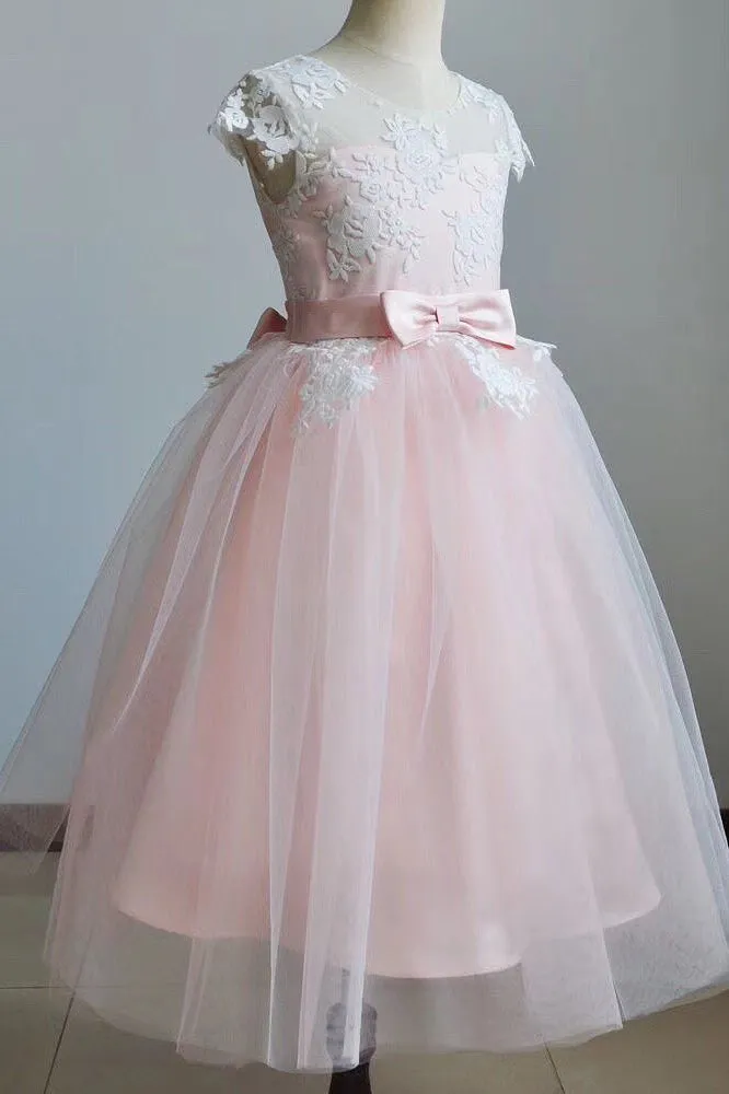 Cute A-line Scoop Lace Tulle Pink Flower Girl Dress With Bowknot OF137