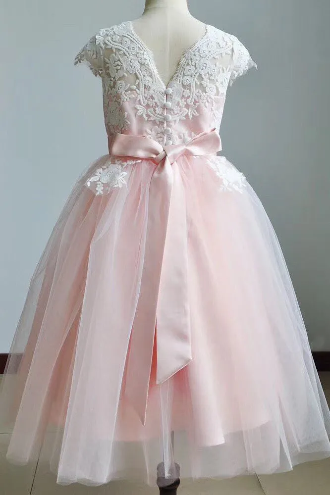 Cute A-line Scoop Lace Tulle Pink Flower Girl Dress With Bowknot OF137