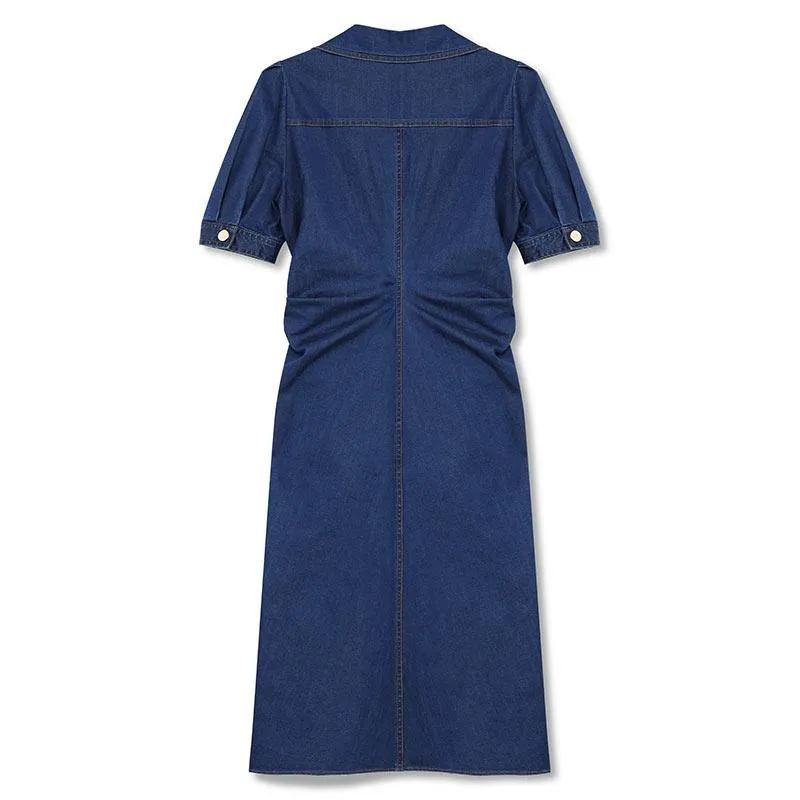 Denim Gathered Waist Pleated V-Neck Midi Dress