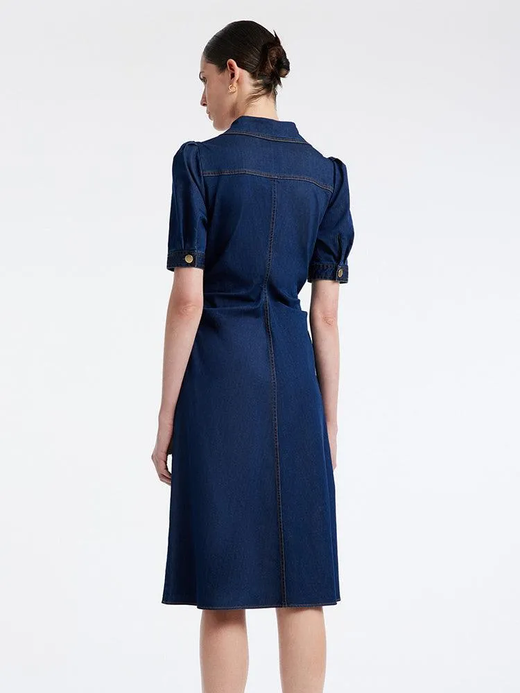 Denim Gathered Waist Pleated V-Neck Midi Dress