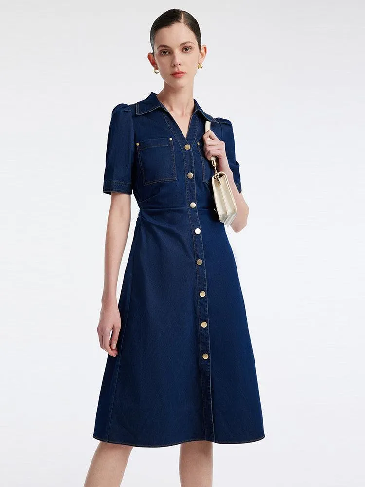 Denim Gathered Waist Pleated V-Neck Midi Dress