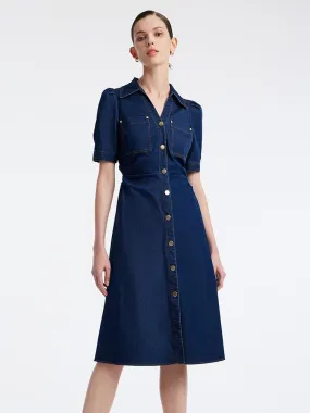 Denim Gathered Waist Pleated V-Neck Midi Dress