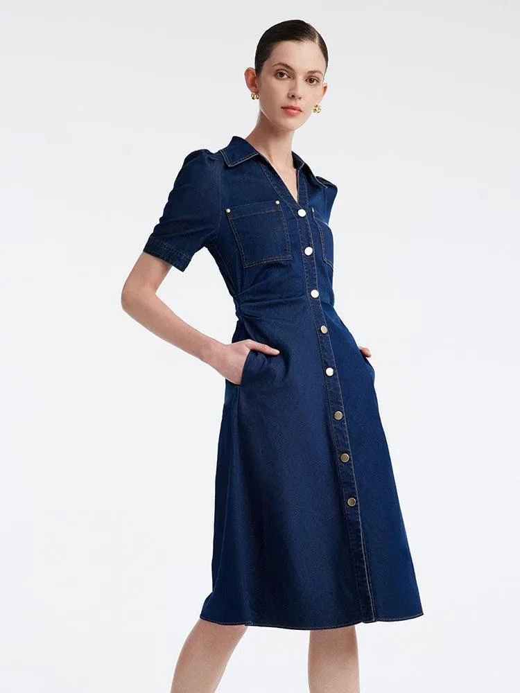 Denim Gathered Waist Pleated V-Neck Midi Dress