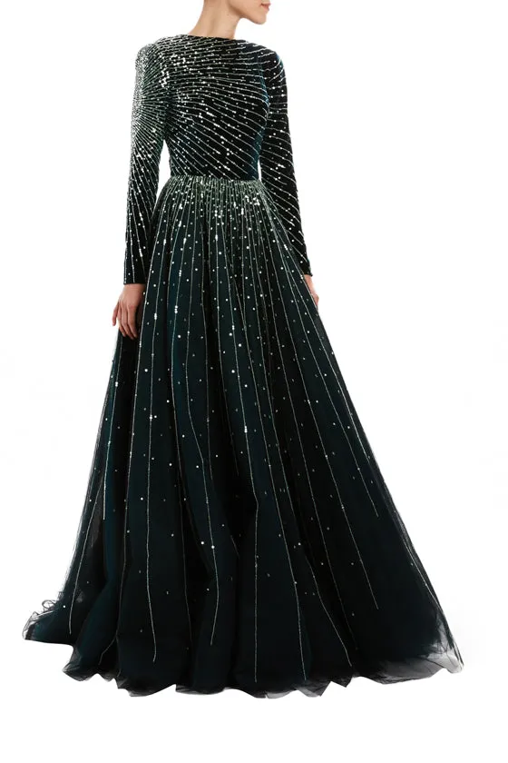 Embroidered Velour Ball Gown