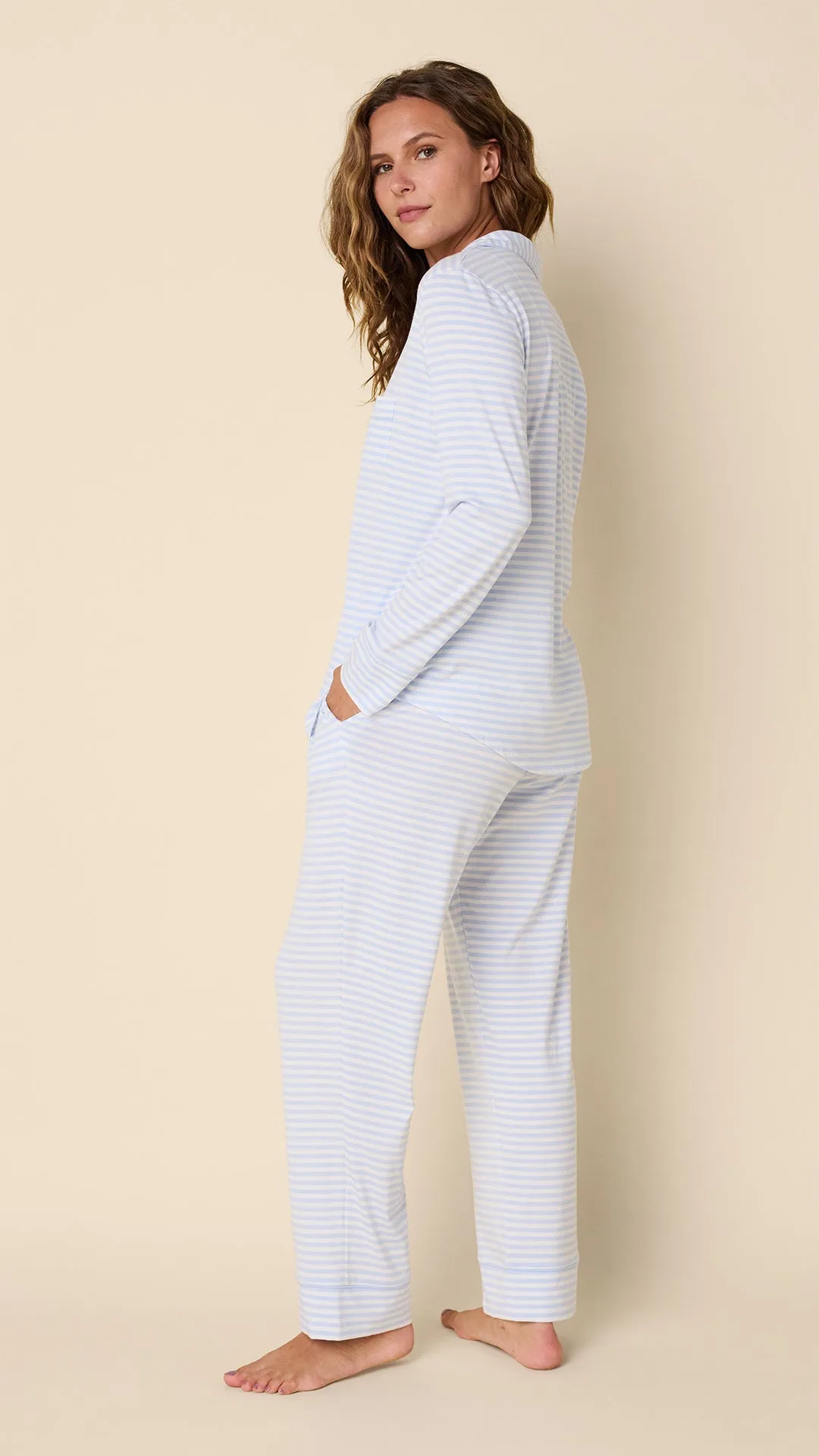 Essential Stripe Pima Knit Long-Sleeved Pajama - Heavenly Blue