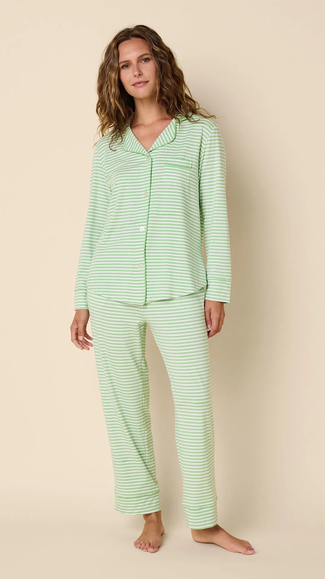 Essential Stripe Pima Knit Long-Sleeved Pajama - Pistachio