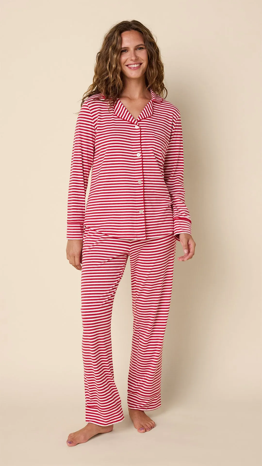 Essential Stripe Pima Knit Long-Sleeved Pajama - Red