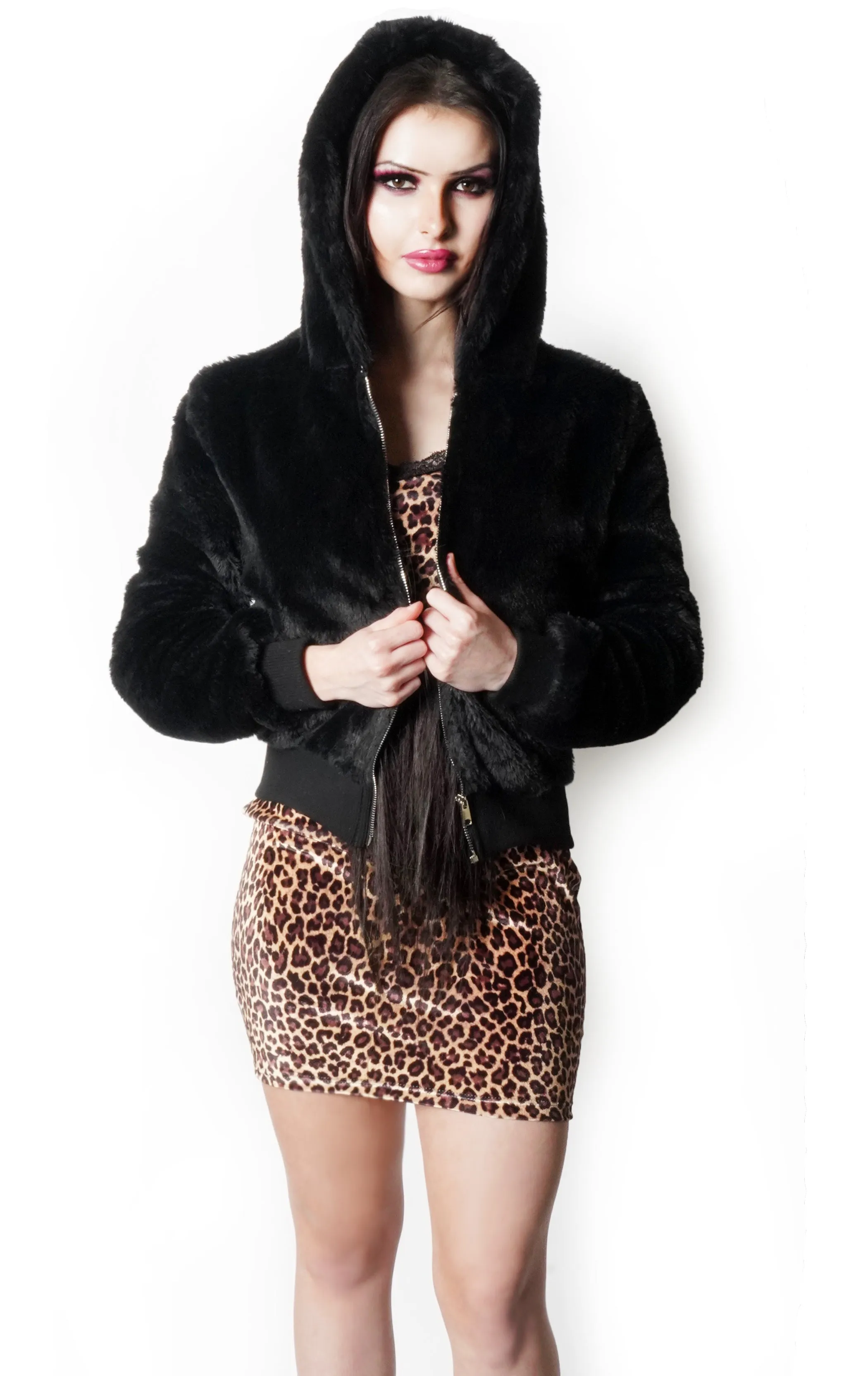 Faux Fur Zip Up Hooded Jacket (Full length)