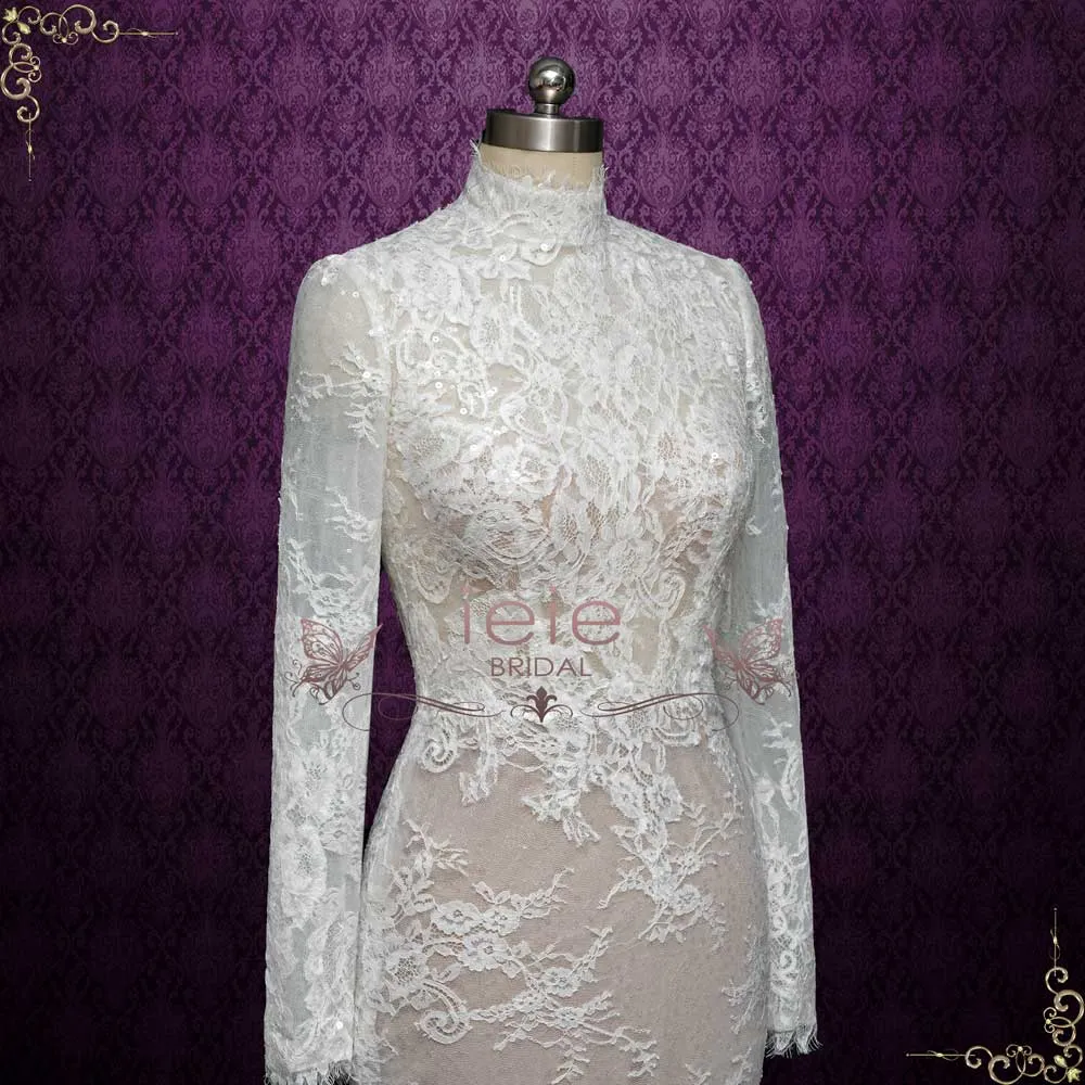 Fitted Lace Wedding Dress with High Neck and Long Sleeves | ALEAH