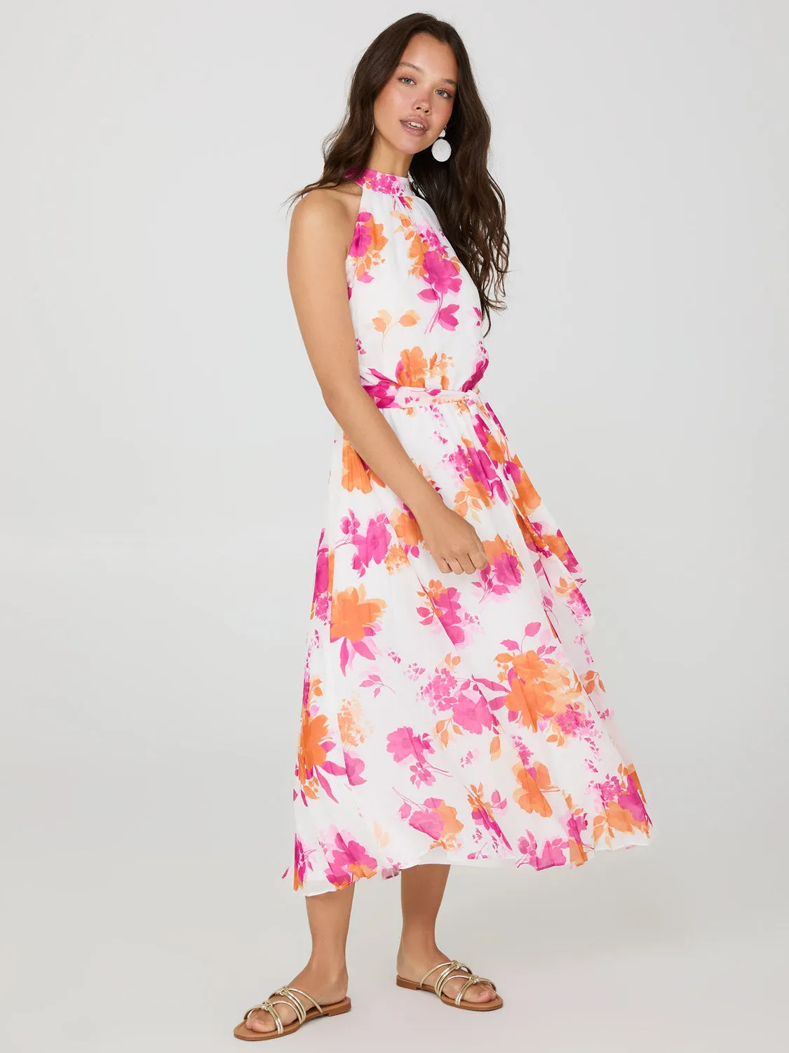 Floral Print Halter Neck Chiffon Midi Dress