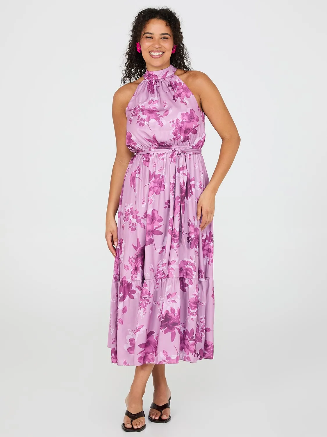 Floral Print Halter Neck Satin Maxi Dress