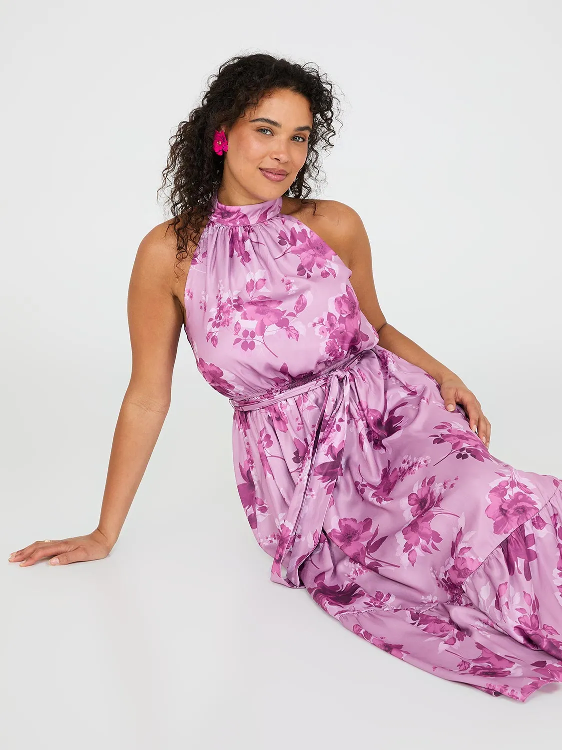 Floral Print Halter Neck Satin Maxi Dress