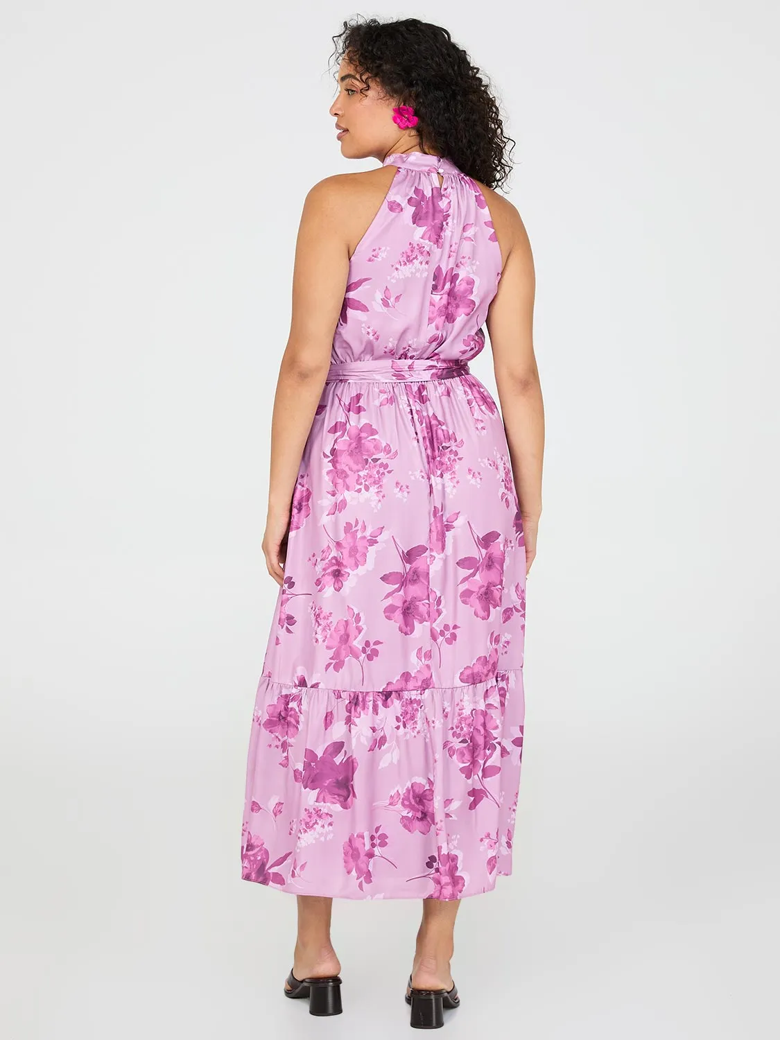 Floral Print Halter Neck Satin Maxi Dress