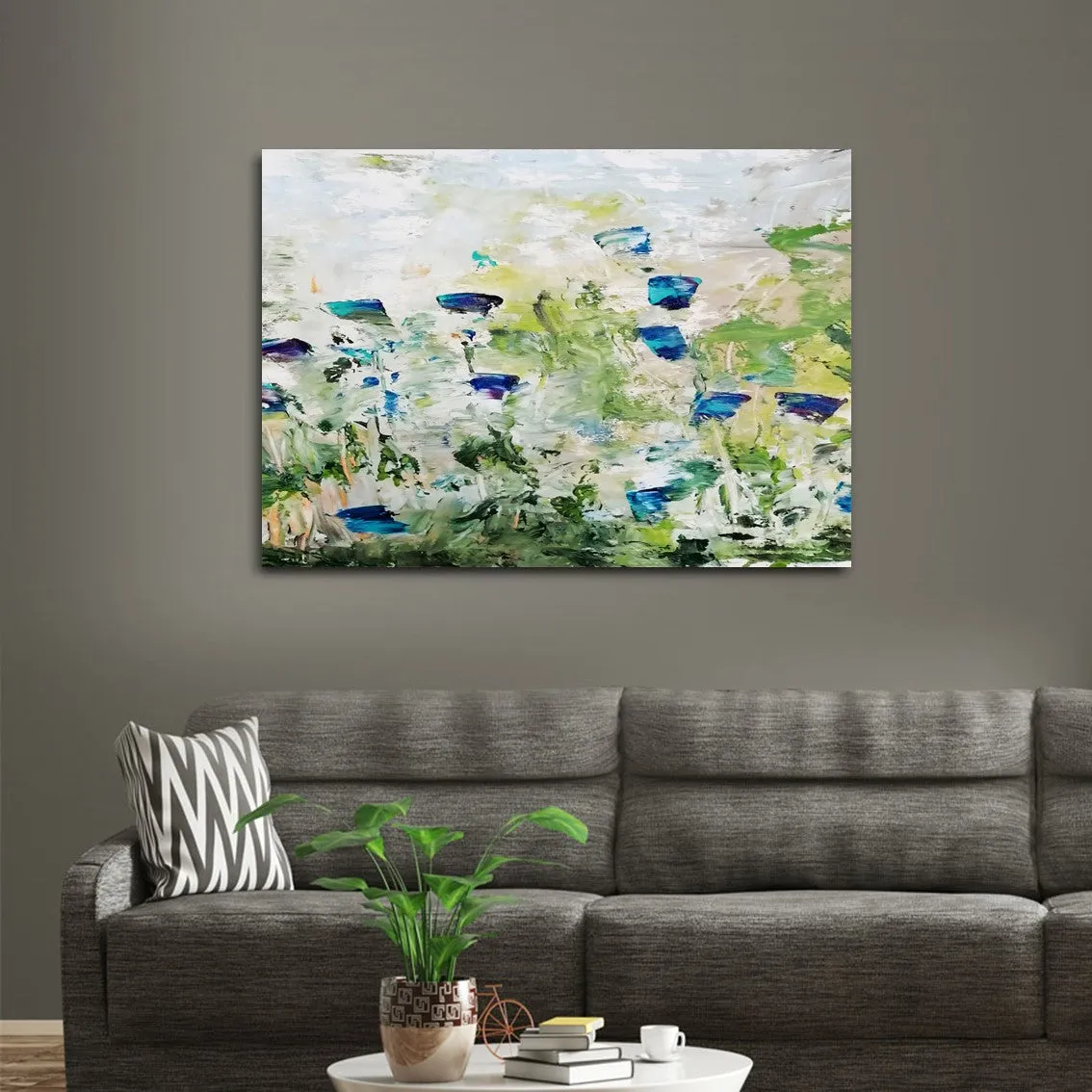 Framed horizontal blue & green abstract floral wall art print