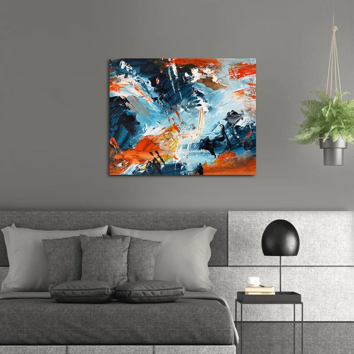 Framed horizontal blue & orange abstract wall art print