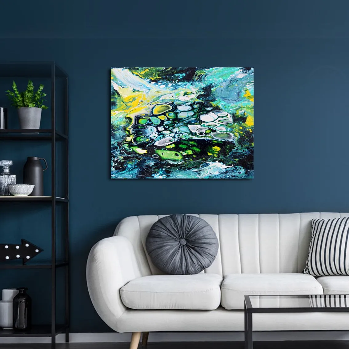 Framed horizontal blue & teal abstract wall art print