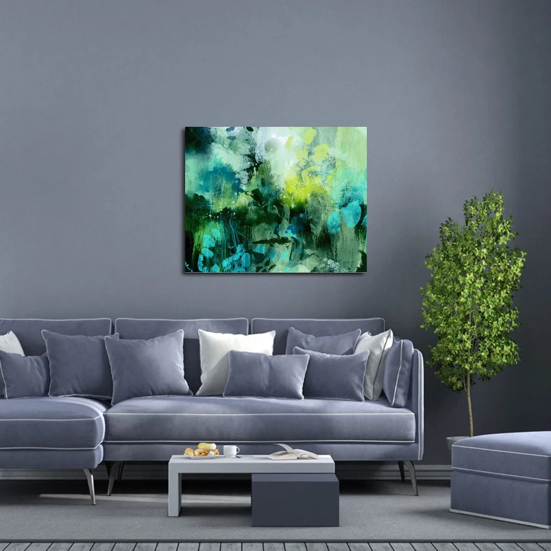 Framed horizontal green & blue abstract wall art print