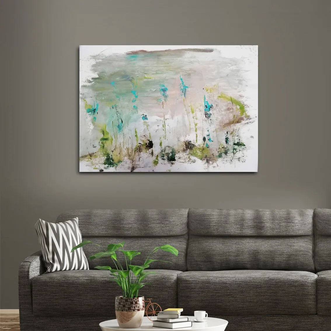 Framed horizontal neutral & teal abstract floral wall art print