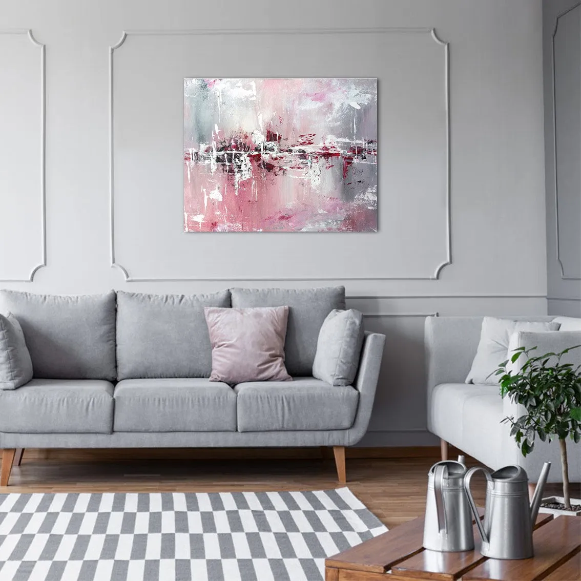 Framed horizontal pink & grey abstract wall art print