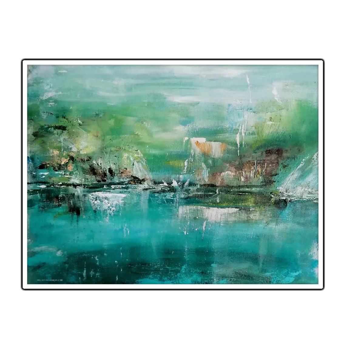 Framed horizontal teal blue & green abstract landscape wall art print