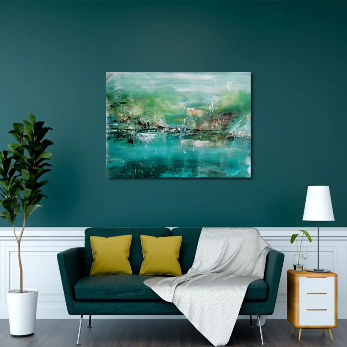 Framed horizontal teal blue & green abstract landscape wall art print