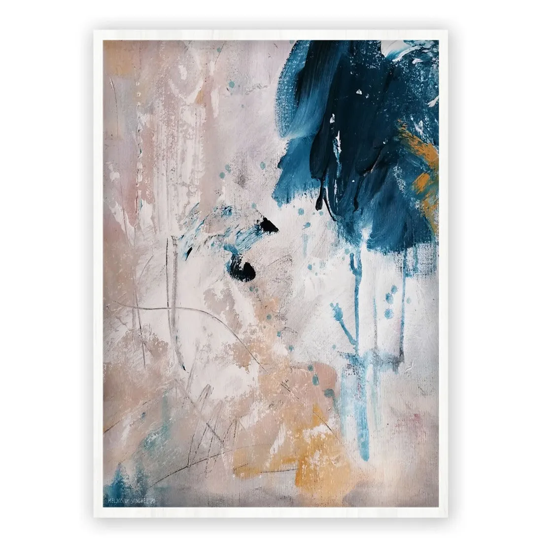 Framed vertical beige & blue abstract wall art print