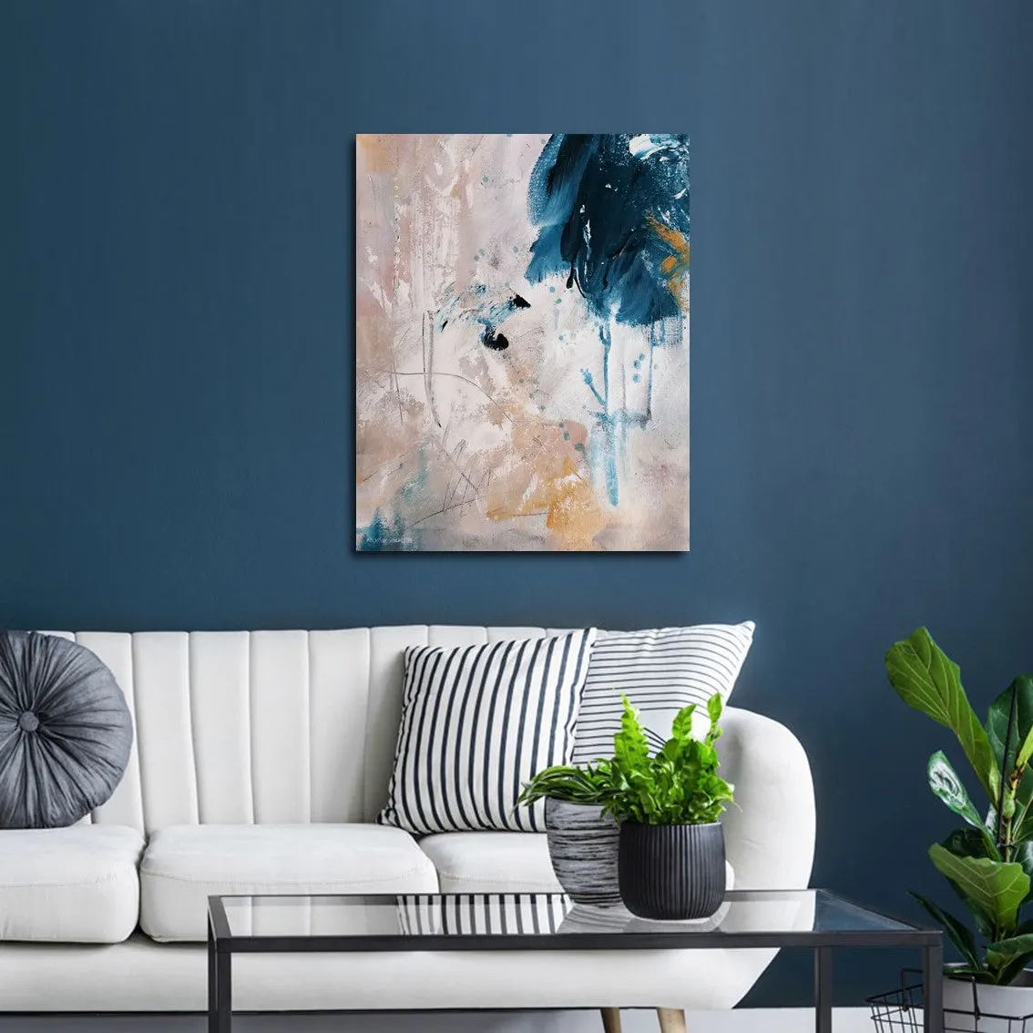 Framed vertical beige & blue abstract wall art print