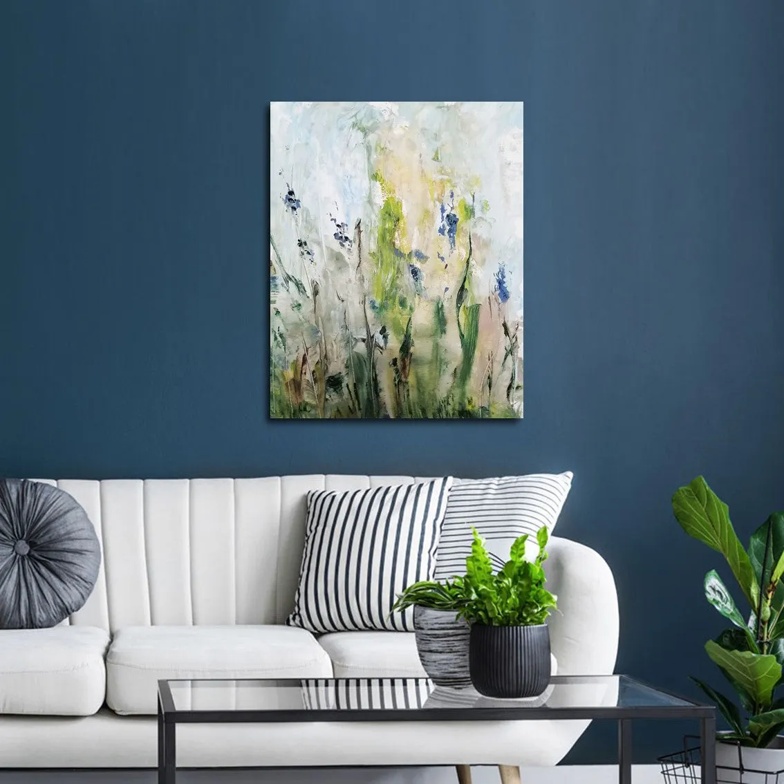 Framed vertical blue & green abstract floral wall art print