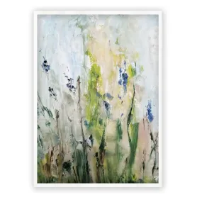 Framed vertical blue & green abstract floral wall art print