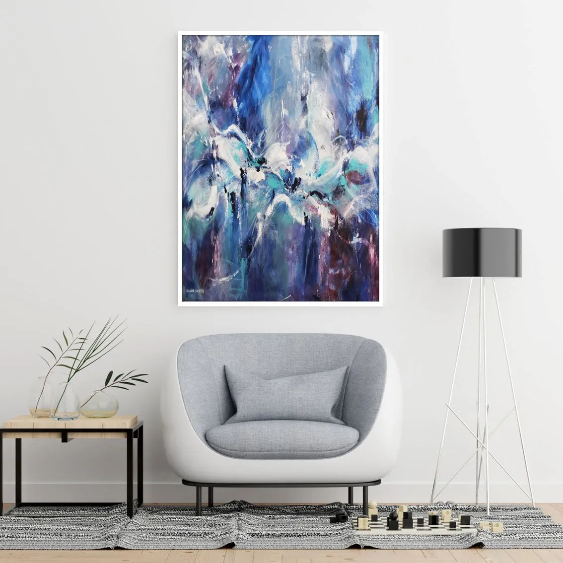 Framed vertical blue & purple abstract wall art print