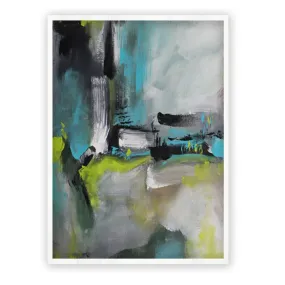 Framed vertical neutral, teal & lime green abstract wall art print