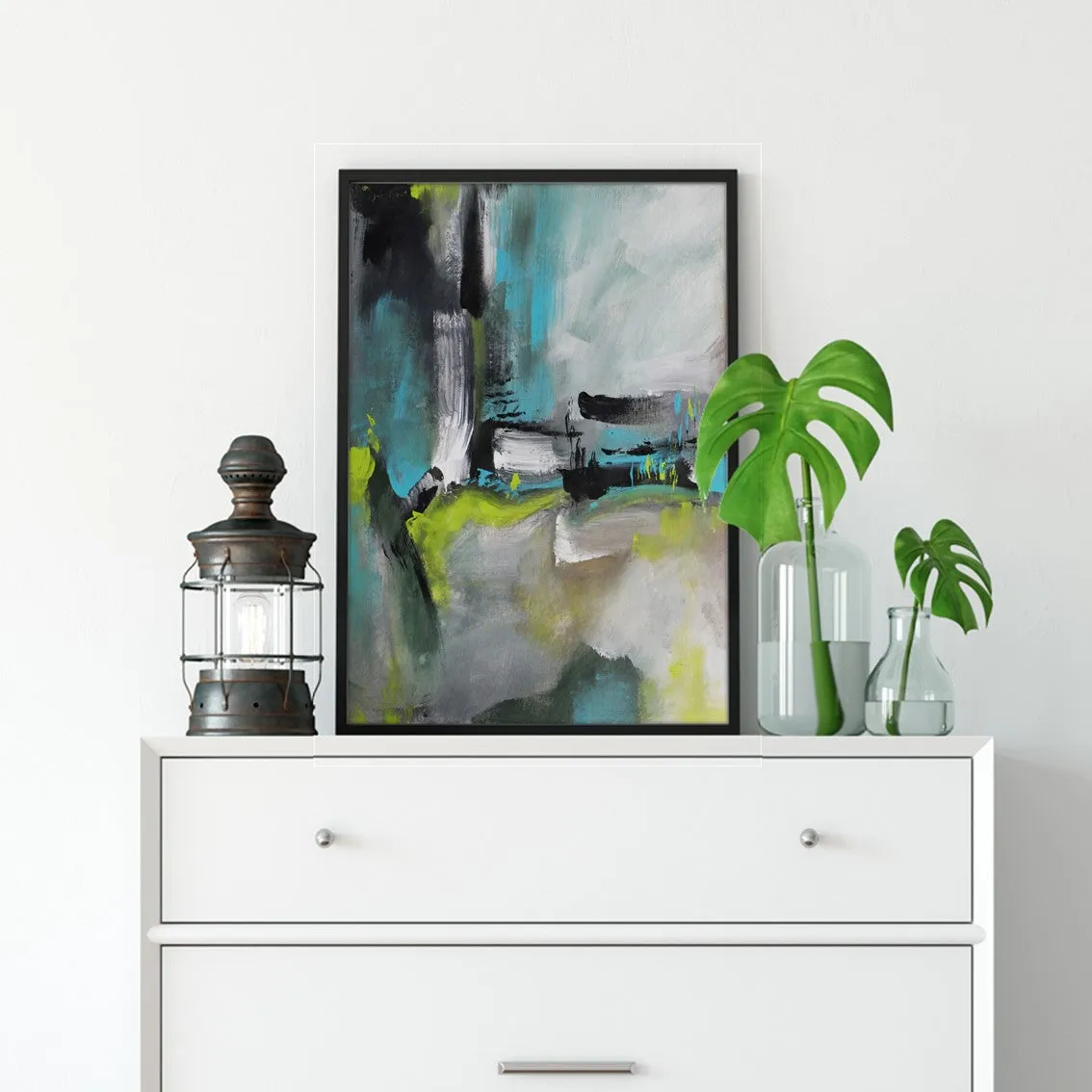 Framed vertical neutral, teal & lime green abstract wall art print