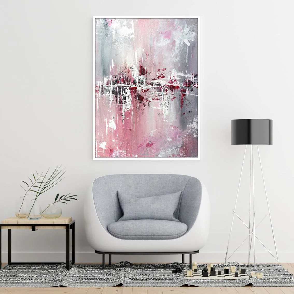 Framed vertical pink & grey abstract wall art print