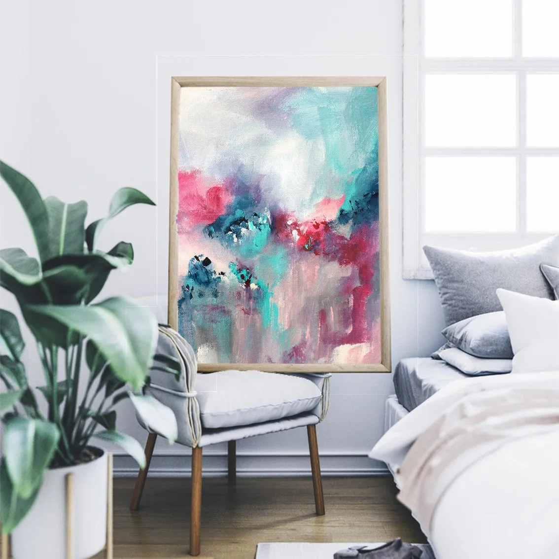 Framed vertical pink & teal abstract wall art print