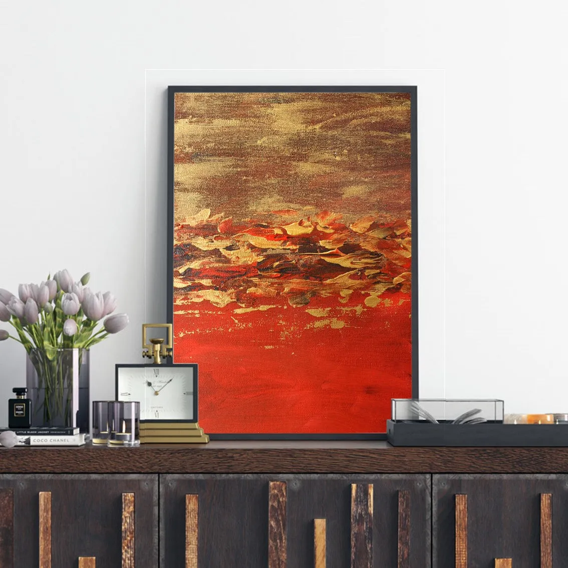 Framed vertical red & gold abstract wall art print